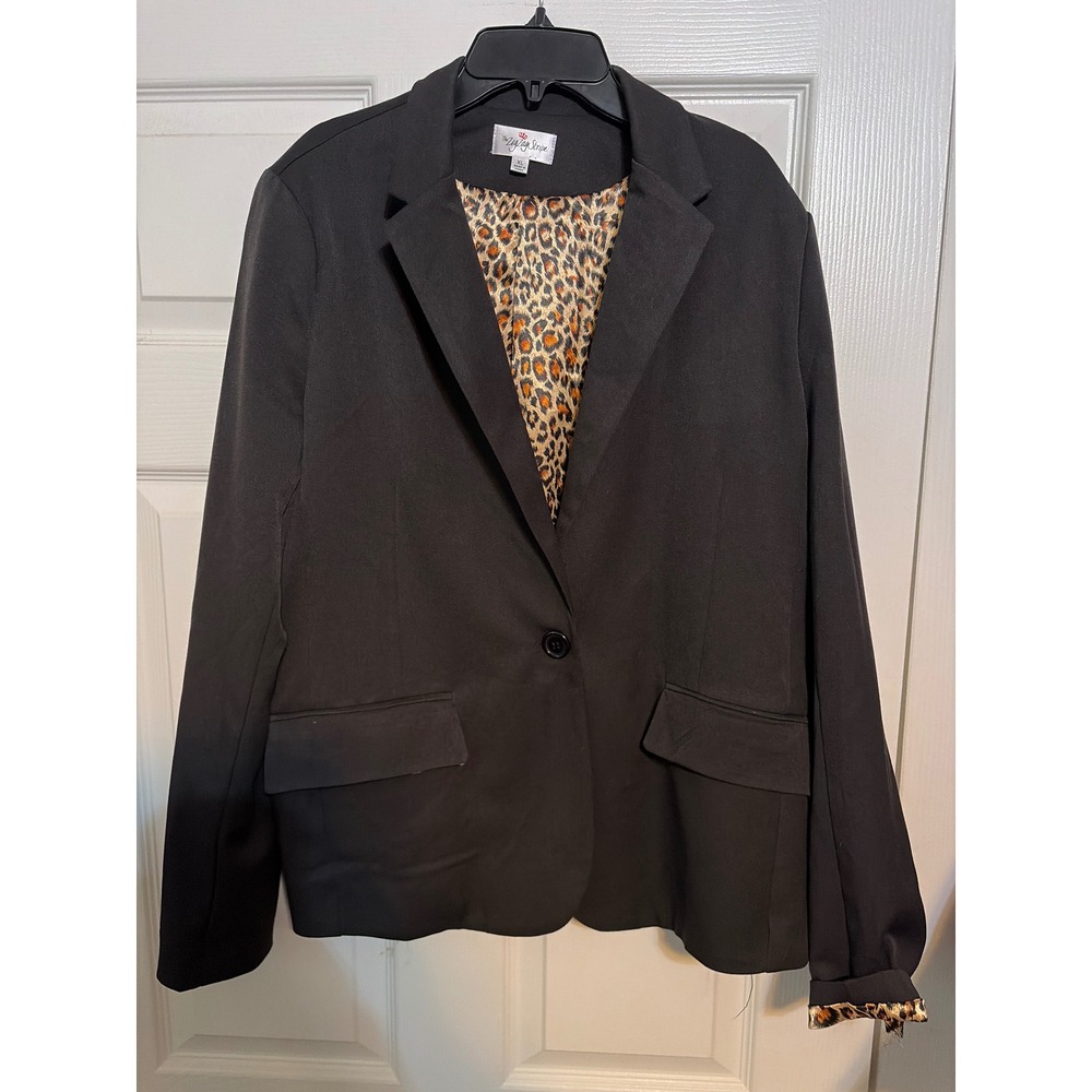 The ZigZag Stripe Womens Black‎ Blazer Leopard Print Lining Single Button XL